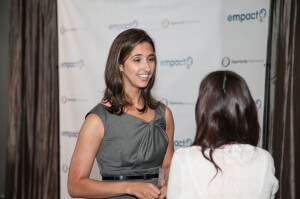 Nicole meets young entrepreneurs and other Opportunity supporters at an Empact Pledge Reception in June.