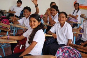 Smiling seventh-graders at Emprendedora School in Granada, Nicaragua.